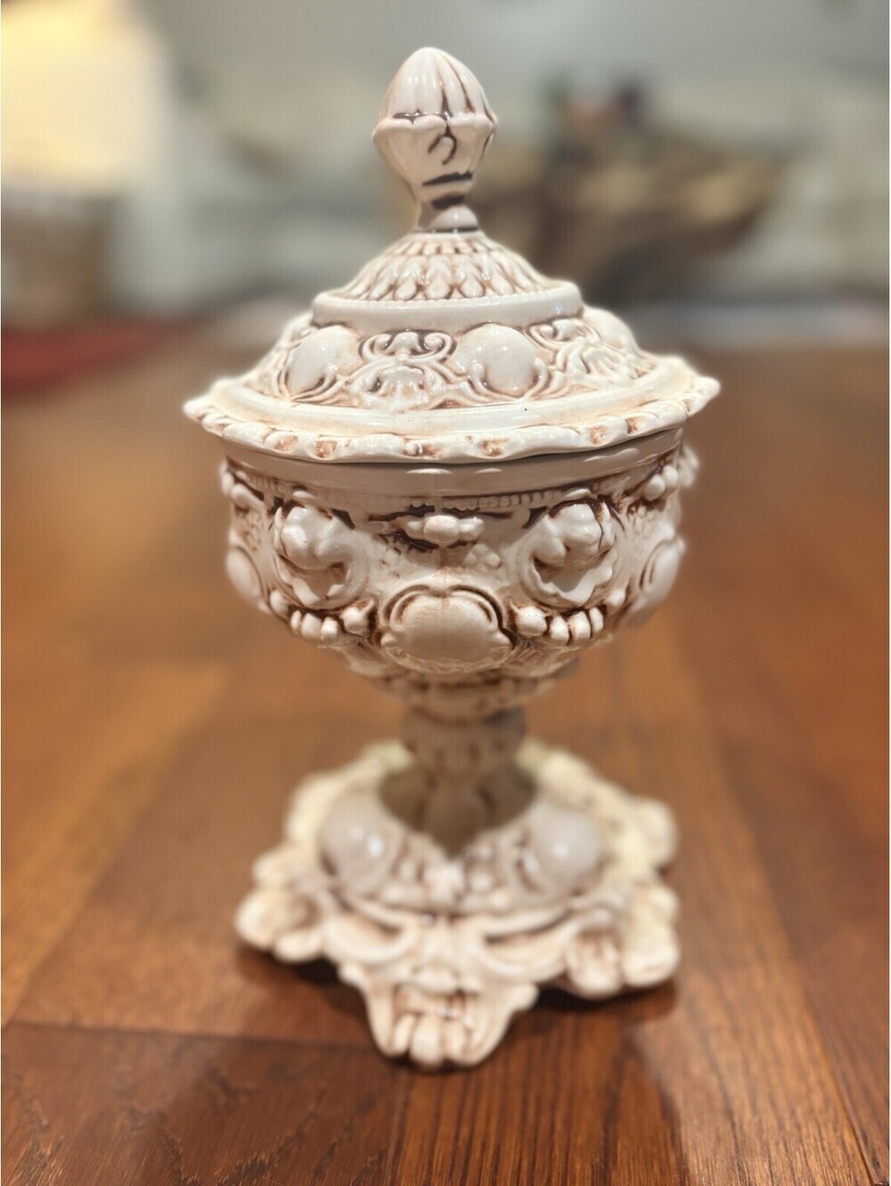Vintage Ornate Pedestal Candy Dish with Lid Ceramic White Glaze 11"